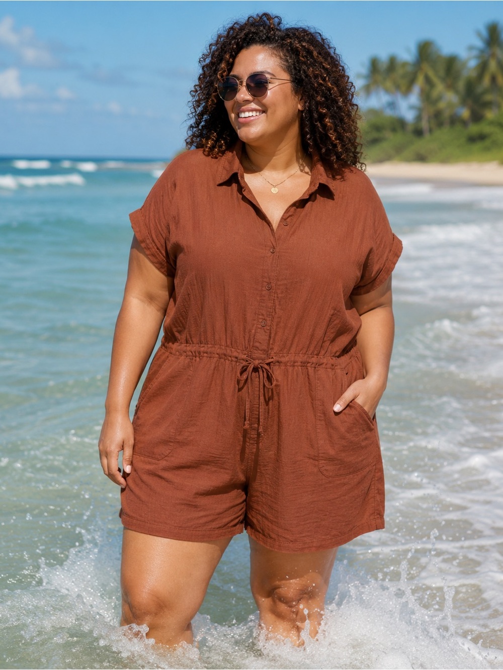 NWT Old Navy Baked Bronze Cotton Button-Front Romper — Size 3X